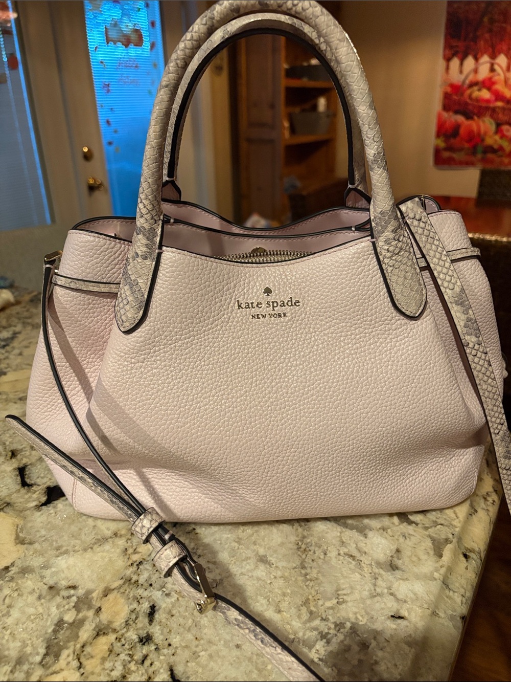 kate spade Pale Pink Leather Satchel with Snake-Print Handles 12 by 7
